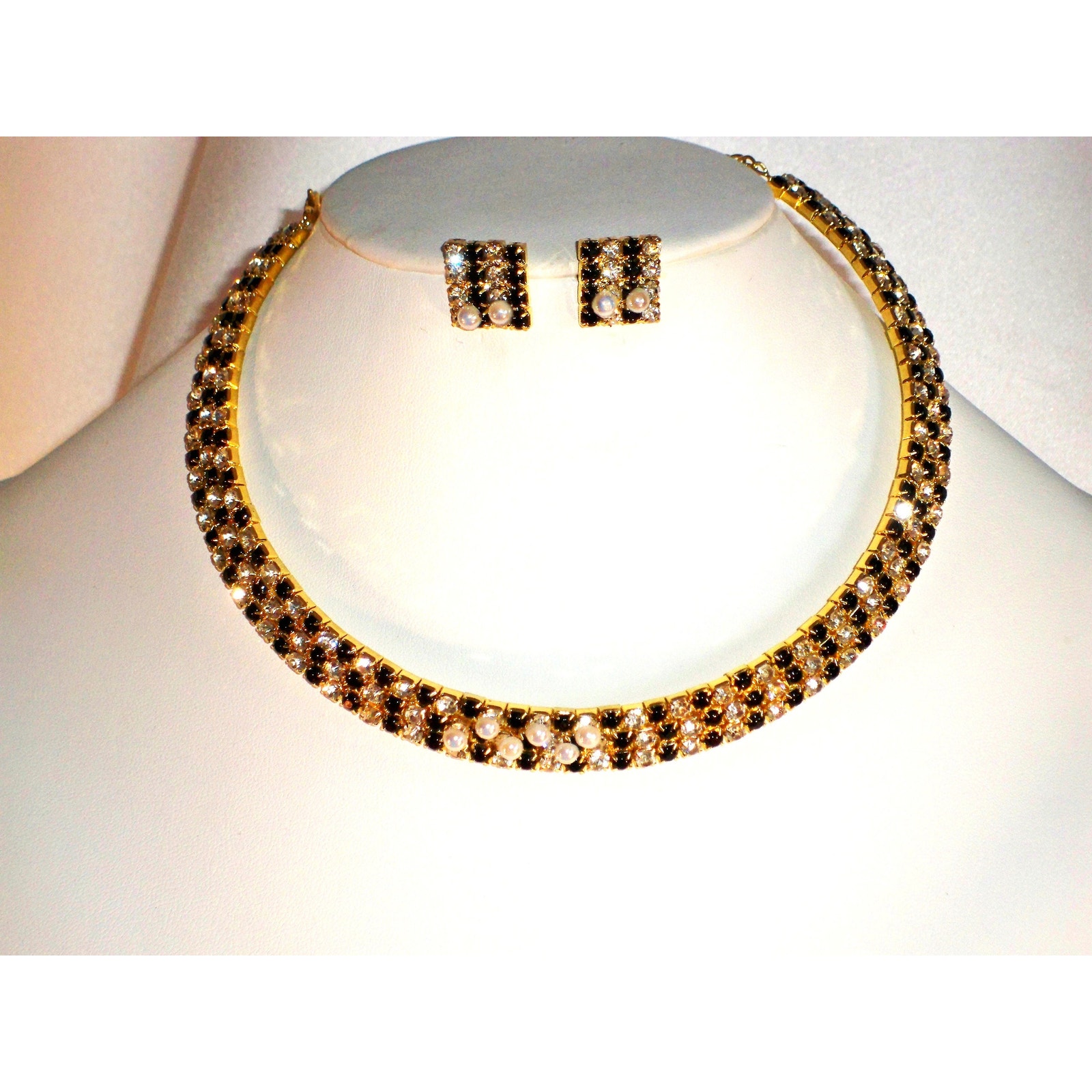 Black White Rhinestone Choker Necklace Set, Prom Wedding Evening Party Necklace